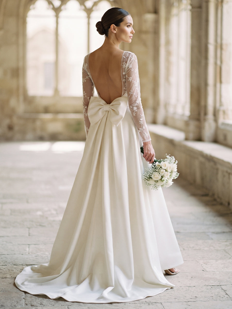 Satin A-Line Bateau Bridal Gowns Floor Length Lace Sleeves Wedding Dresses