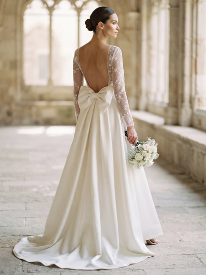 Satin A-Line Bateau Bridal Gowns Floor Length Lace Sleeves Wedding Dresses
