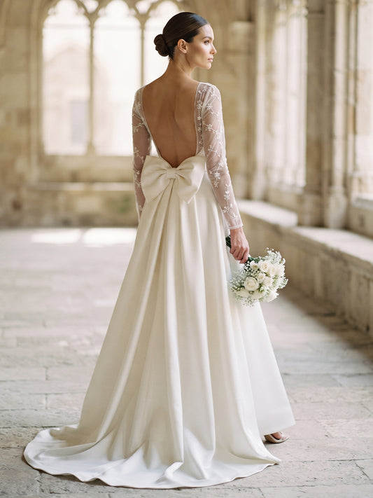 Satin A-Line Bateau Bridal Gowns Floor Length Lace Sleeves Wedding Dresses