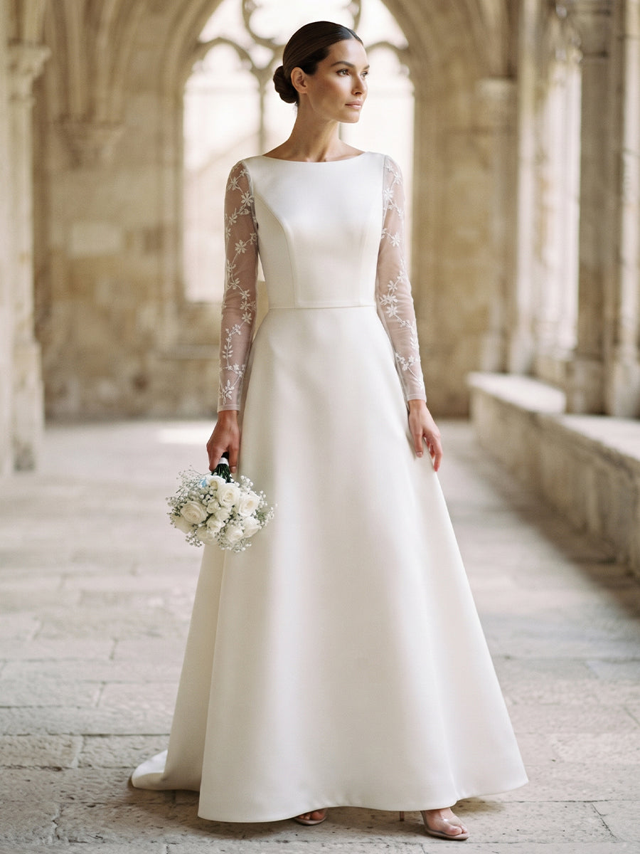 Satin A-Line Bateau Bridal Gowns Floor Length Lace Sleeves Wedding Dresses
