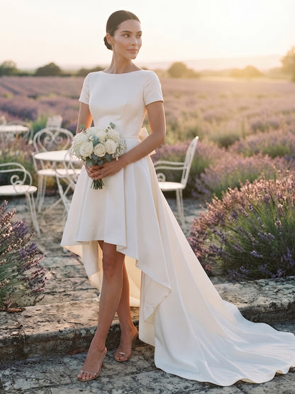 Satin A-Line Bateau Bridal Gowns Knee Length High Low Wedding Dresses