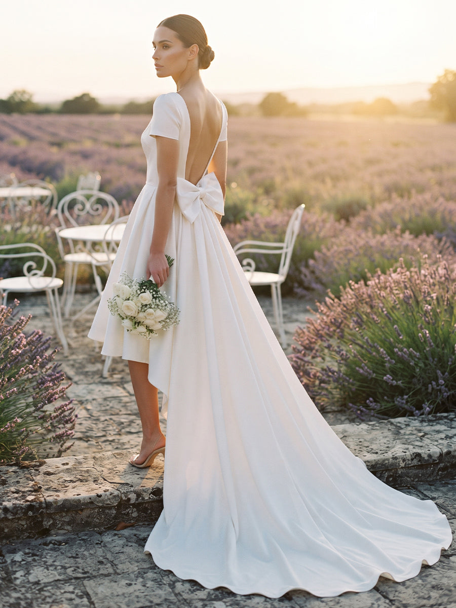 Satin A-Line Bateau Bridal Gowns Knee Length High Low Wedding Dresses