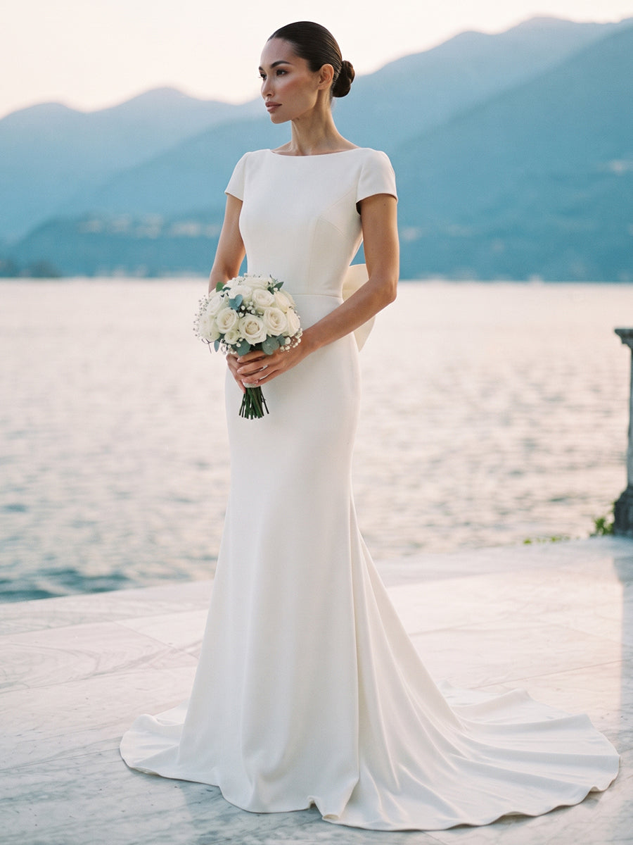 Satin Mermaid Bateau Bridal Gowns Floor Length Backless Wedding Dresses
