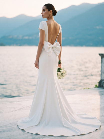 Satin Mermaid Bateau Bridal Gowns Floor Length Backless Wedding Dresses