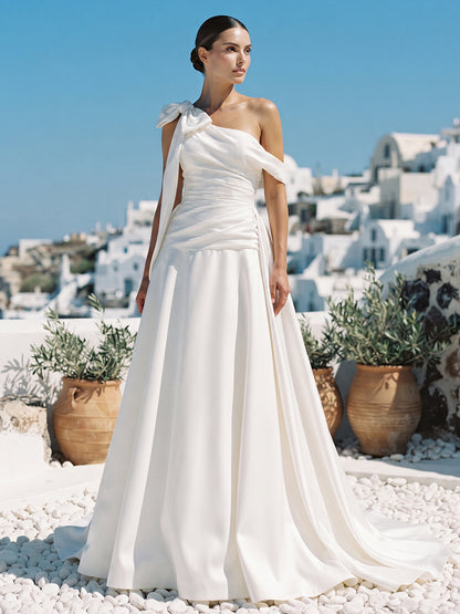 Satin A-Line One-Shoulder Bridal Gowns Floor Length Ruched Wedding Dresses