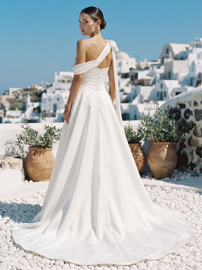 Satin A-Line One-Shoulder Bridal Gowns Floor Length Ruched Wedding Dresses