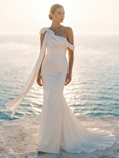 Satin Mermaid One-Shoulder Bridal Gowns Floor Length Backless Wedding Dresses