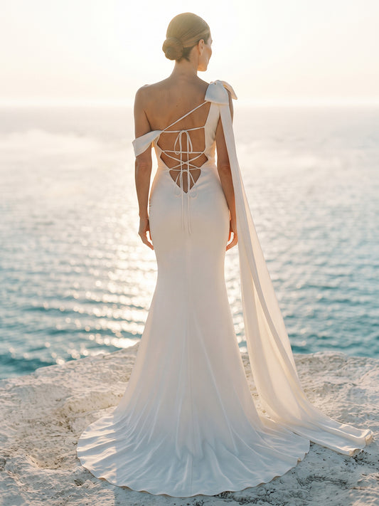 Satin Mermaid One-Shoulder Bridal Gowns Floor Length Backless Wedding Dresses