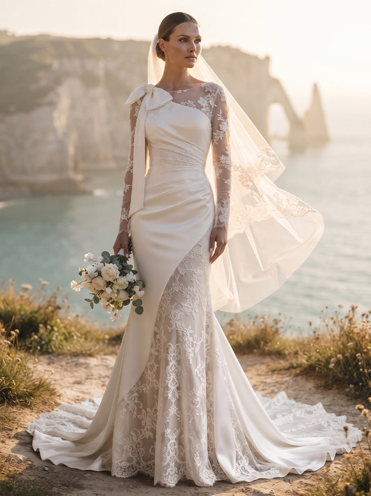 Satin Mermaid Bateau Bridal Gowns Floor Length Lace Wedding Dresses