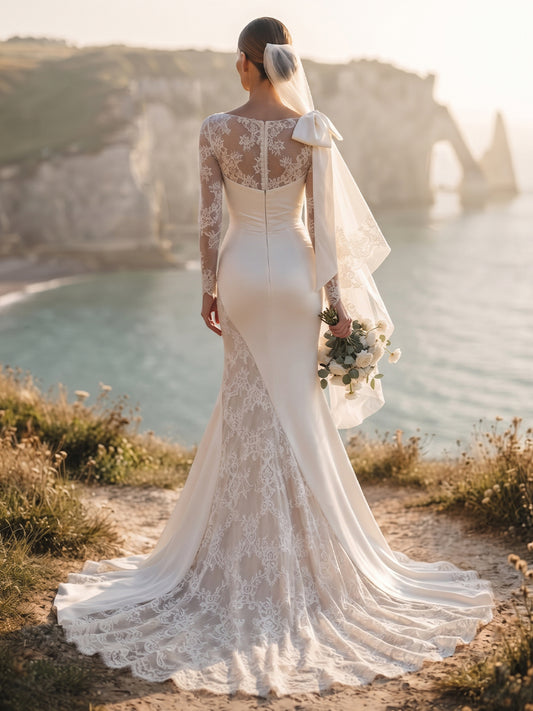 Satin Mermaid Bateau Bridal Gowns Floor Length Lace Wedding Dresses