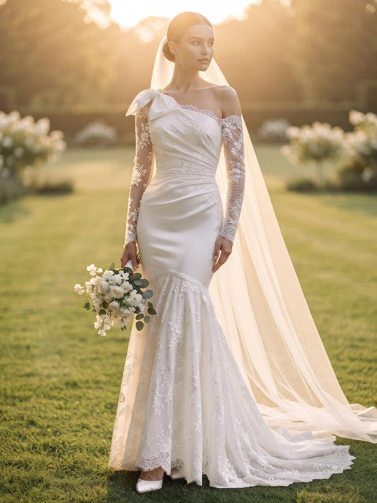 Lace Mermaid One-Shoulder Bridal Gowns Floor Length Ruched Wedding Dresses