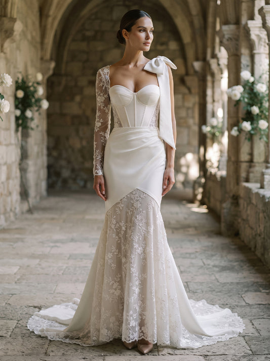 Lace Mermaid Sweetheart Bridal Gowns Floor Length Corset Bodice Wedding Dresses