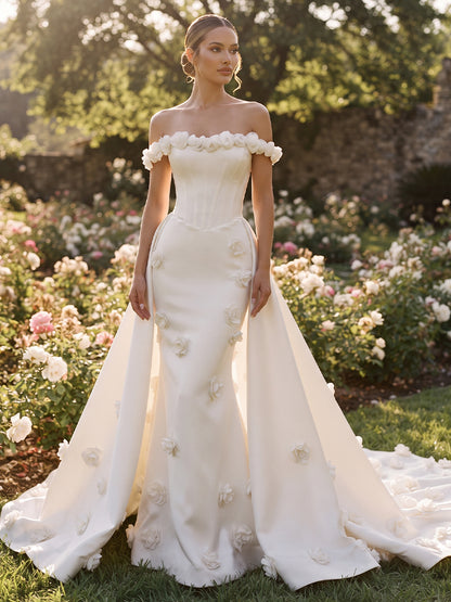 Satin Mermaid Off-the-Shoulder Bridal Gowns Floor Length 3D Floral Applique Wedding Dresses