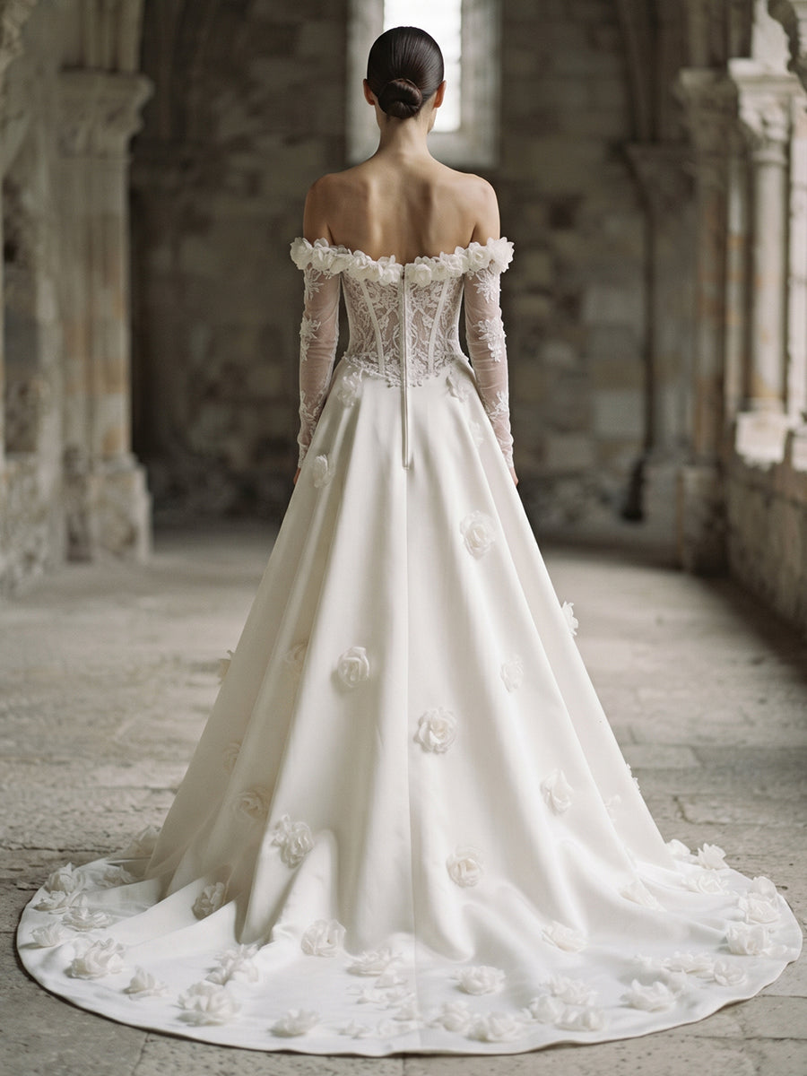 Lace Ball Gown Off-the-Shoulder Bridal Gowns Floor Length 3D Floral Applique Wedding Dresses