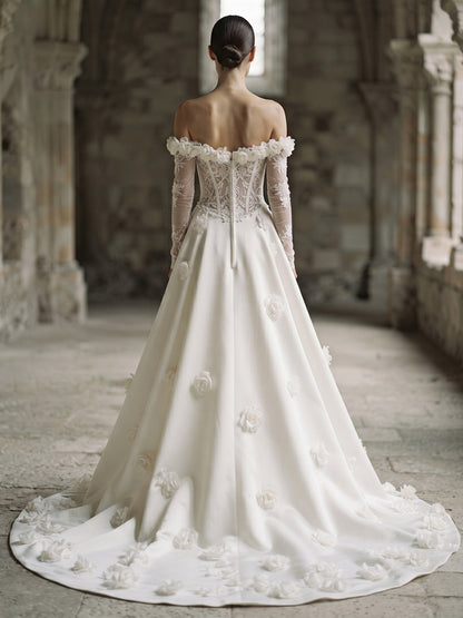 Lace Ball Gown Off-the-Shoulder Bridal Gowns Floor Length 3D Floral Applique Wedding Dresses