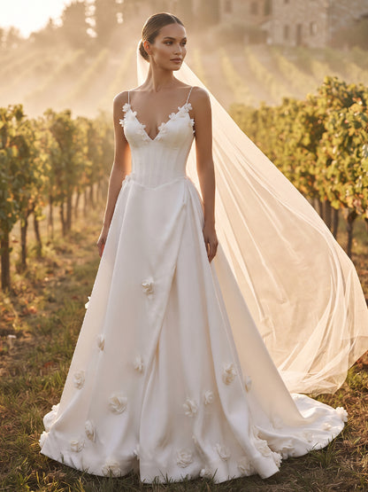 Satin A-Line Spaghetti Straps Bridal Gowns Floor Length 3D Floral Applique Wedding Dresses