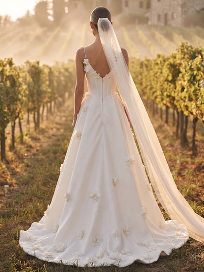 Satin A-Line Spaghetti Straps Bridal Gowns Floor Length 3D Floral Applique Wedding Dresses