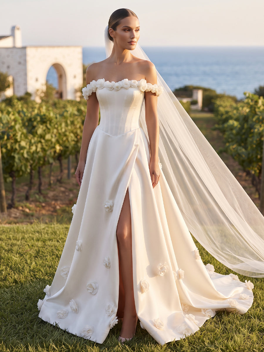 Satin A-Line Off-the-Shoulder Bridal Gowns Floor Length 3D Floral Applique Wedding Dresses
