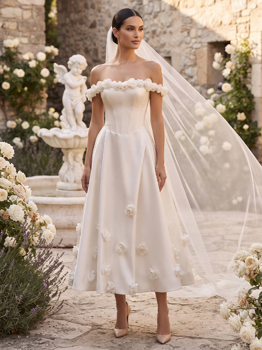Satin A-Line Off-the-Shoulder Bridal Gowns Tea Length 3D Floral Applique Wedding Dresses