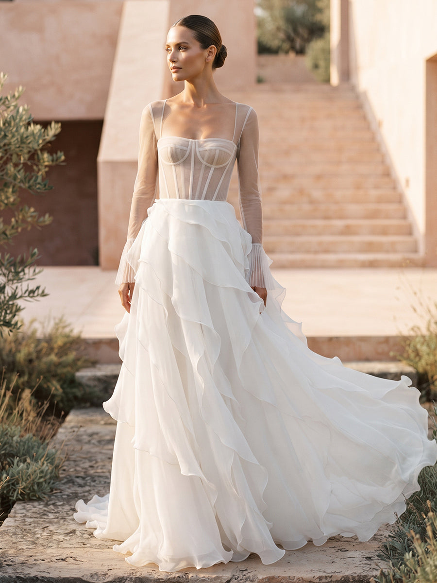 Chiffon A-Line Sweetheart Bridal Gowns Floor Length Corset Bodice Wedding Dresses