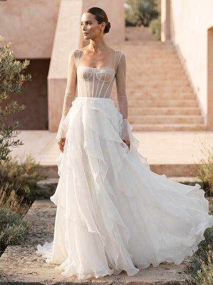 Chiffon A-Line Sweetheart Bridal Gowns Floor Length Corset Bodice Wedding Dresses