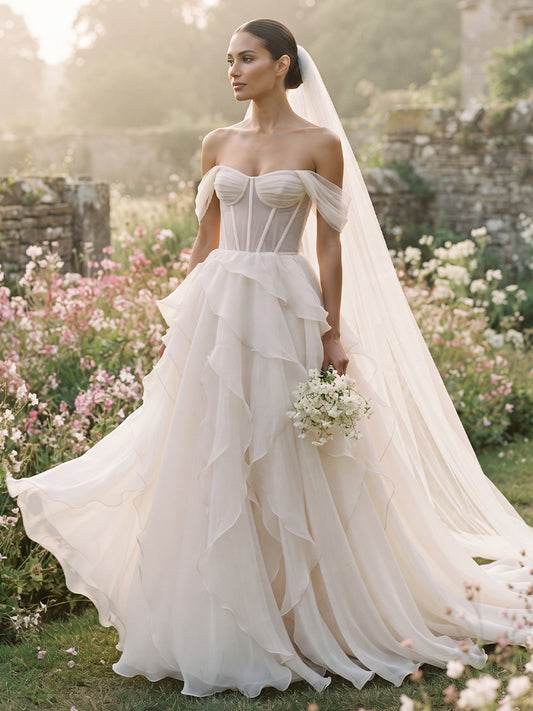 Chiffon A-Line Off-the-Shoulder Bridal Gowns Floor Length Corset Bodice Wedding Dresses