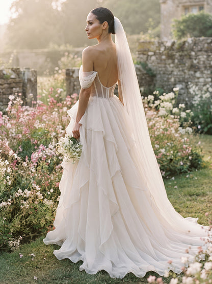 Chiffon A-Line Off-the-Shoulder Bridal Gowns Floor Length Corset Bodice Wedding Dresses