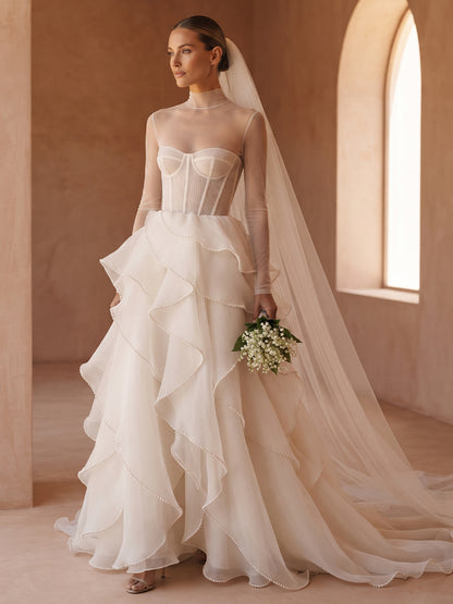 Organza A-Line High Neck Bridal Gowns Floor Length Corset Bodice Wedding Dresses