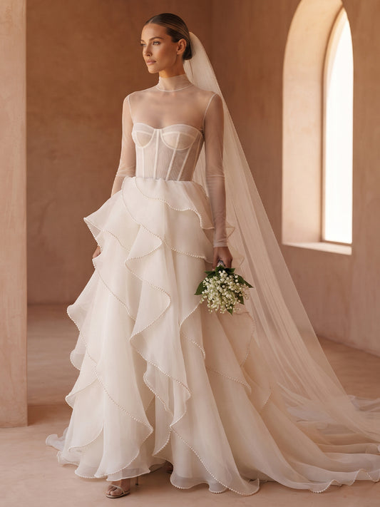 Organza A-Line High Neck Bridal Gowns Floor Length Corset Bodice Wedding Dresses
