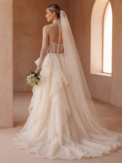 Organza A-Line High Neck Bridal Gowns Floor Length Corset Bodice Wedding Dresses