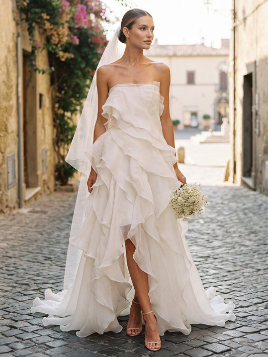 Chiffon A-Line Strapless Bridal Gowns Floor Length High Low Wedding Dresses