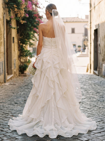 Chiffon A-Line Strapless Bridal Gowns Floor Length High Low Wedding Dresses