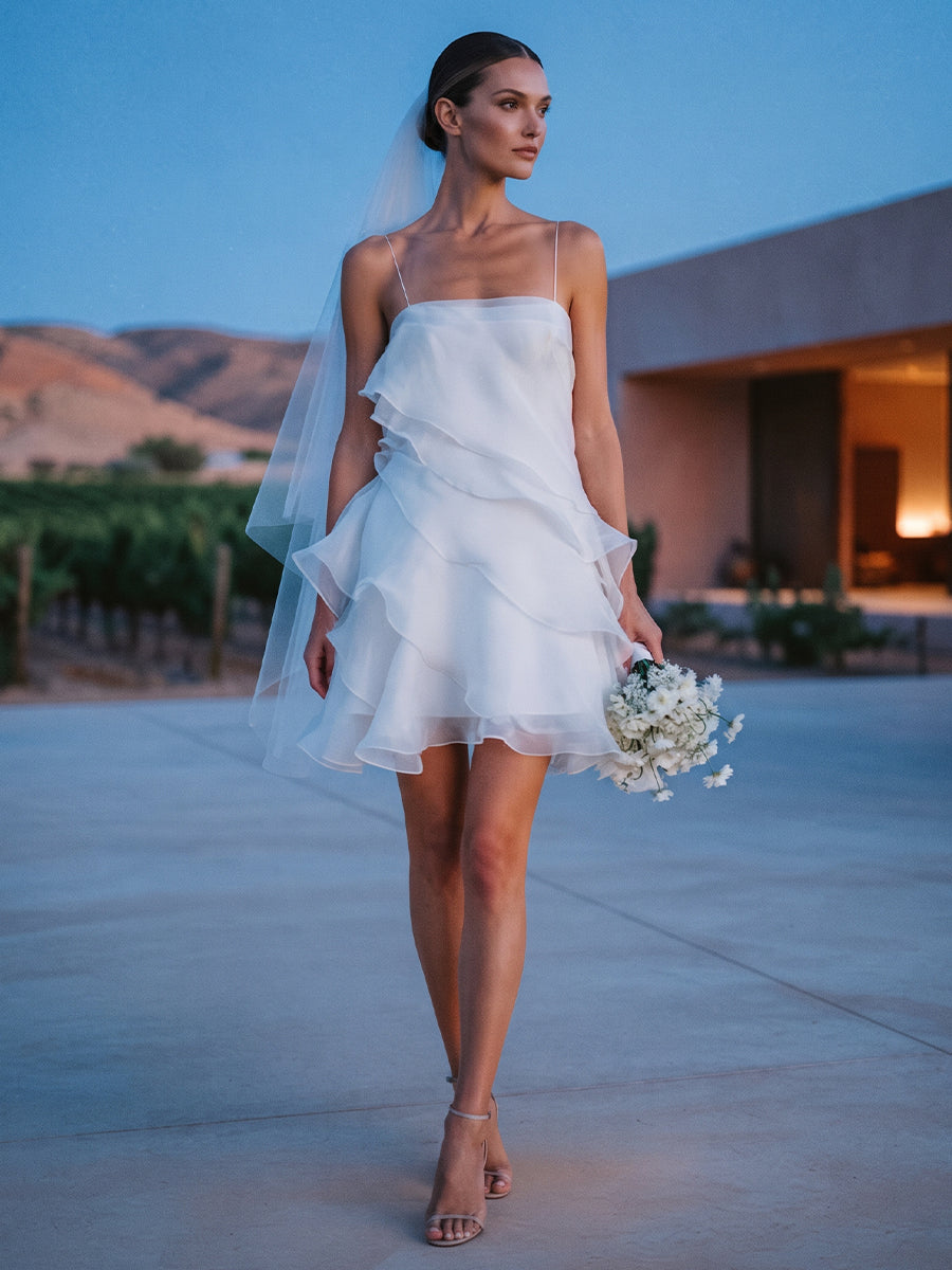 Chiffon A-Line Spaghetti Straps Bridal Gowns Short Ruffles Wedding Dresses