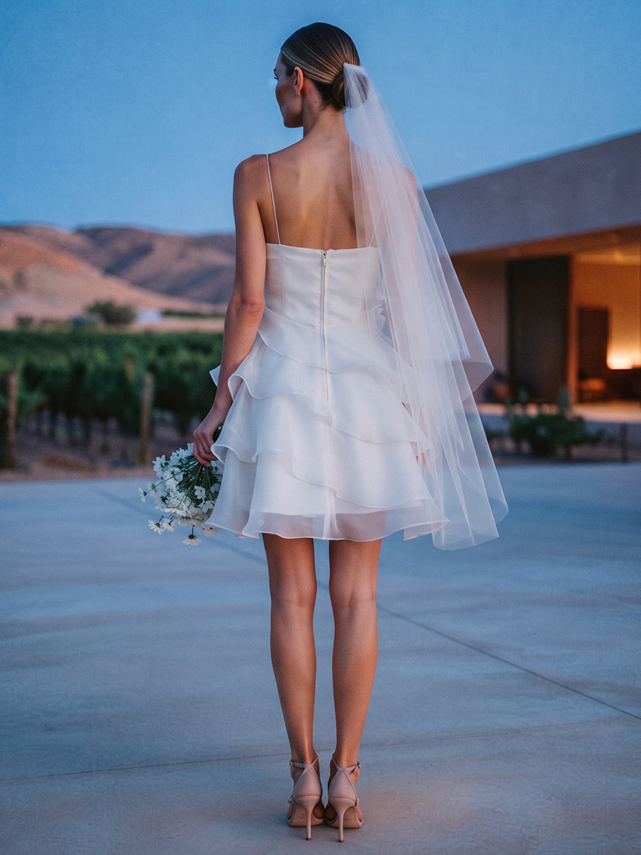 Chiffon A-Line Spaghetti Straps Bridal Gowns Short Ruffles Wedding Dresses
