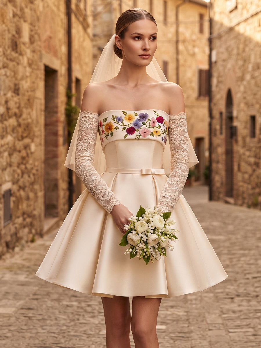 Satin A-Line Strapless Bridal Gowns Short Floral Embroidery Wedding Dresses