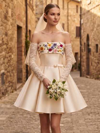 Satin A-Line Strapless Bridal Gowns Short Floral Embroidery Wedding Dresses
