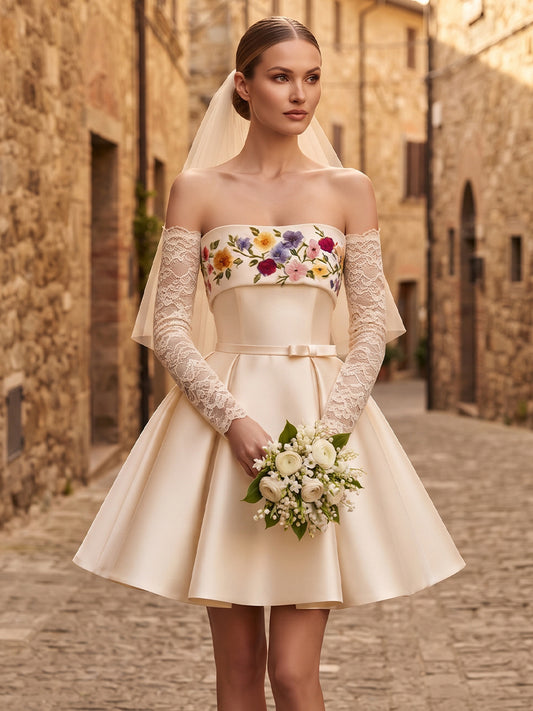Satin A-Line Strapless Bridal Gowns Short Floral Embroidery Wedding Dresses