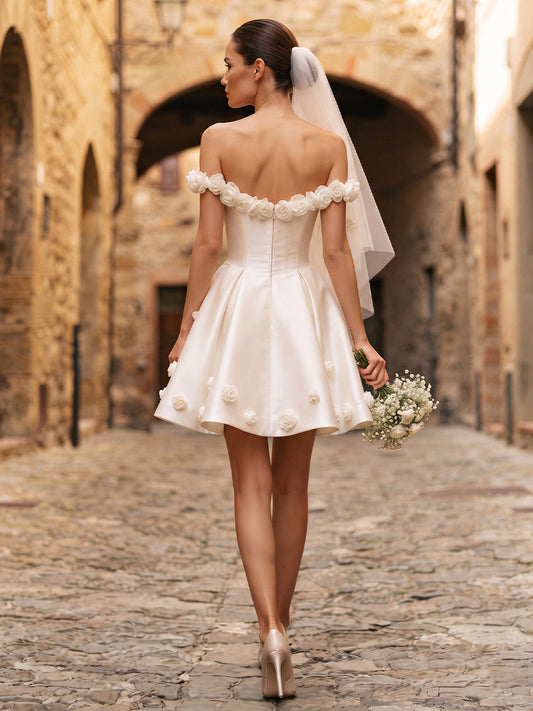 Satin A-Line Off-the-Shoulder Bridal Gowns Short 3D Floral Applique Wedding Dresses