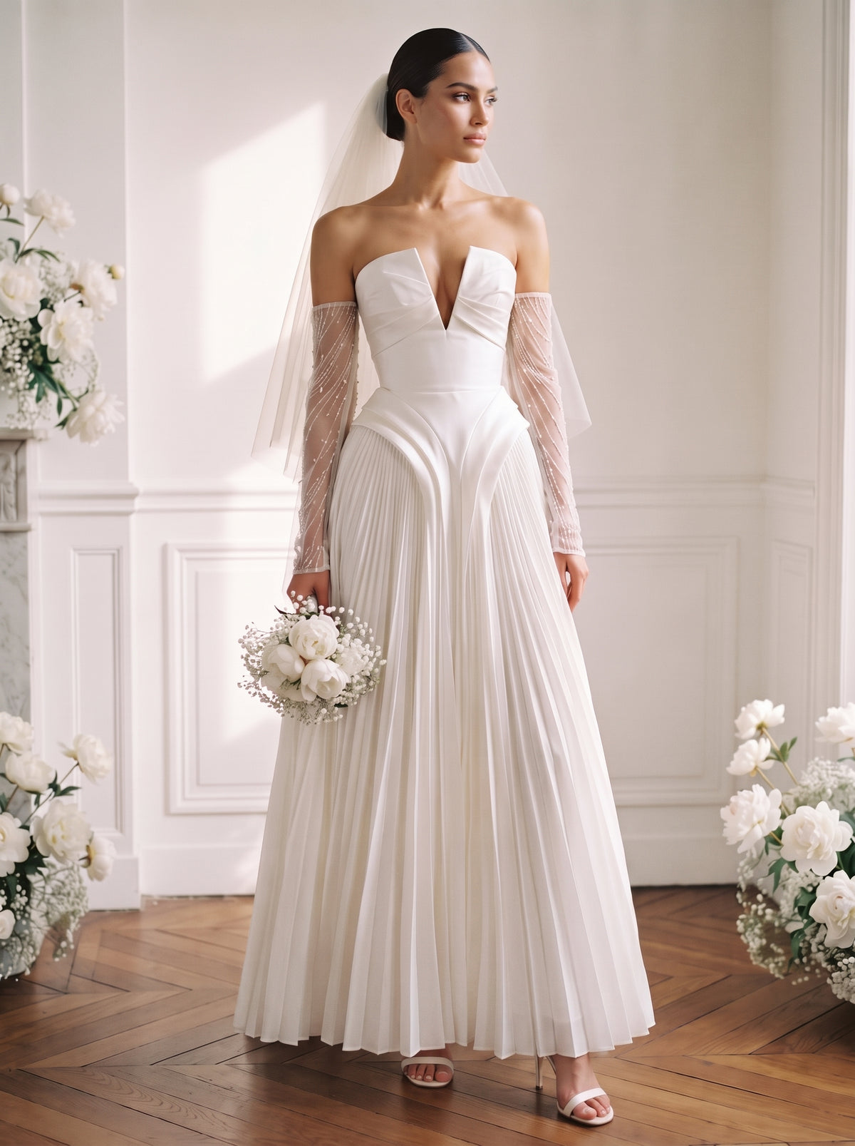 Satin A-Line Strapless Bridal Gowns Floor Length Pleats Wedding Dresses