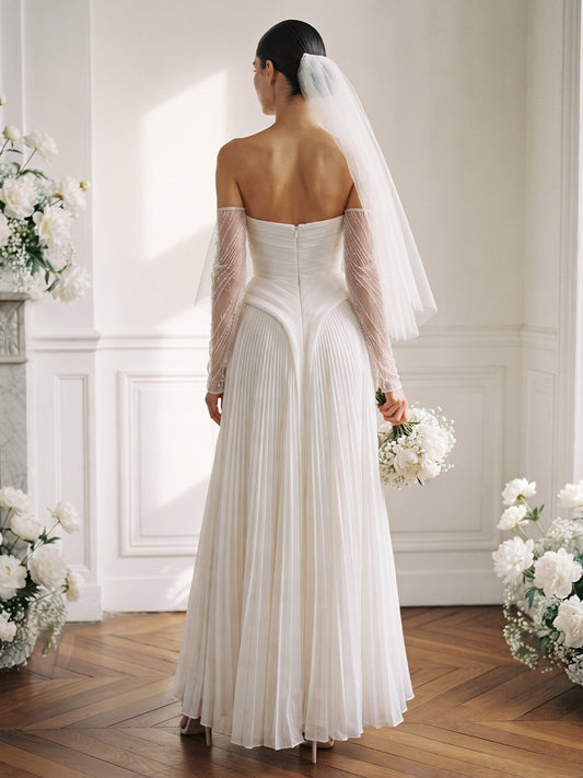 Satin A-Line Strapless Bridal Gowns Floor Length Pleats Wedding Dresses
