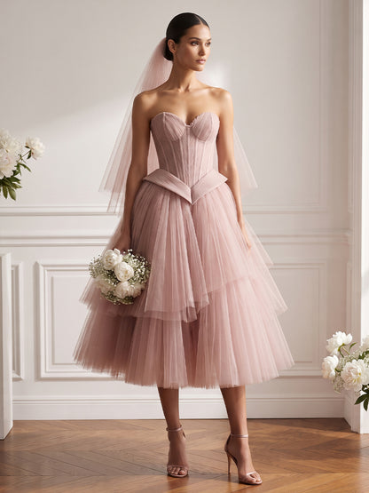 Tea Length Tulle A-Line Sweetheart Bridal Gowns Corset Bodice Wedding Dresses