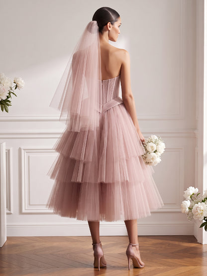 Tea Length Tulle A-Line Sweetheart Bridal Gowns Corset Bodice Wedding Dresses