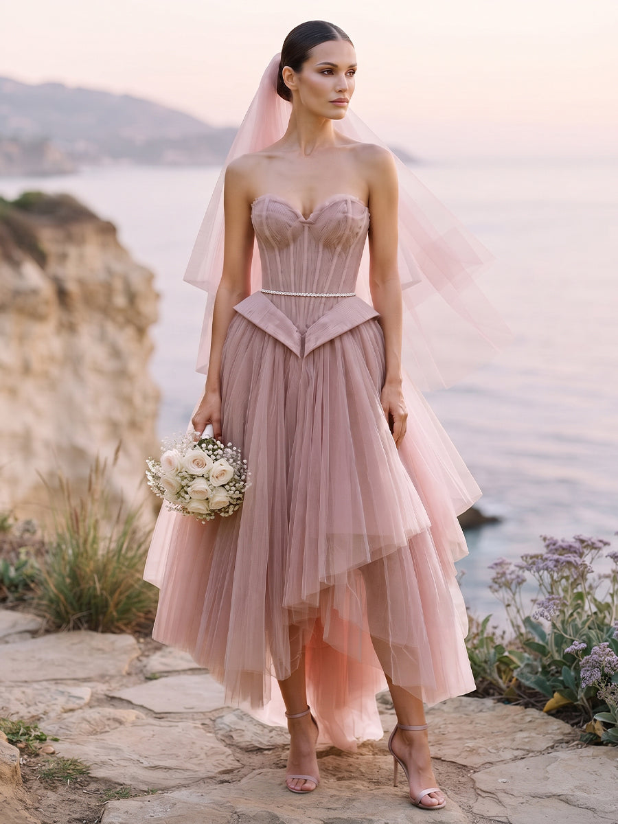 A-Line High Low Tulle Sweetheart Bridal Gowns Floor Length Corset Bodice Wedding Dresses
