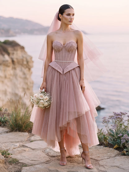 A-Line High Low Tulle Sweetheart Bridal Gowns Floor Length Corset Bodice Wedding Dresses