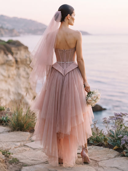 A-Line High Low Tulle Sweetheart Bridal Gowns Floor Length Corset Bodice Wedding Dresses